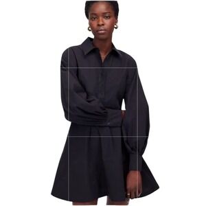 NEW MADEWELL Seamed Long-Sleeve Mini Shirtdress in Poplin Jet Black Size 0